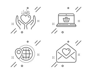 Online shopping, World travel and Hold heart line icons set. Love letter sign. Notebook with shopping cart, Map pointer, Care love. Heart. Holidays set. Line online shopping outline icon. Vector