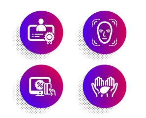 Online shopping, Face detection and Certificate icons simple set. Halftone dots button. Fair trade sign. Black friday, Detect person, Best employee. Safe nature. People set. Vector