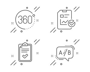 360 degrees, Report checklist and Checklist line icons set. Ab testing sign. Full rotation, Sales growth file, Survey. Test chat. Business set. Line 360 degrees outline icon. Vector