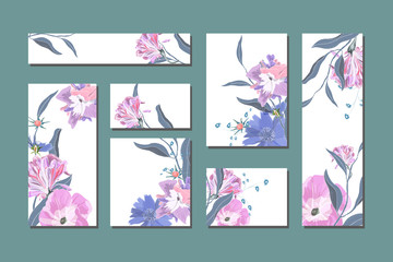 Vector floral templates with blue, pink flowers.
