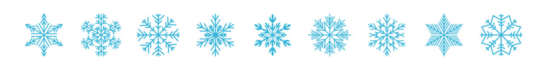Icy snowflakes winter decoration collection vector illustration. Set of flat blue line snowflake icons on white background for new year celebration design or winter season festive ormament decoration