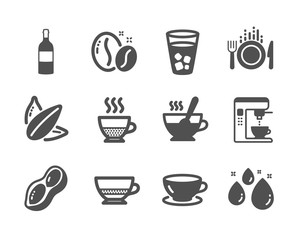 Fototapeta na wymiar Set of Food and drink icons, such as Sunflower seed, Water drop, Tea cup, Bombon coffee, Food, Ice tea, Coffee maker, Espresso, Peanut, Doppio, Wine bottle classic icons. Sunflower seed icon. Vector