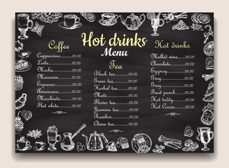 Hot drinks chalkboard menu list vector template - obrazy, fototapety, plakaty