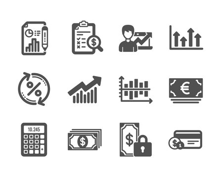 Set of Finance icons, such as Euro currency, Diagram chart, Loan percent, Private payment, Calculator, Payment method, Demand curve, Upper arrows, Accounting report, Success business. Vector