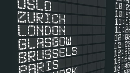 International airport arrivals table sign, origin cities schedule list timing