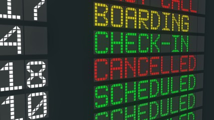 Cancelled flight sign airport table, international departures schedule cancel