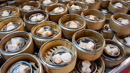 Street food in asian night market known as dimsum