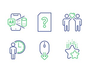 Unknown file, Scroll down and Augmented reality line icons set. Friends couple, Waiting and Ranking stars signs. Doc with question mark, Mouse swipe, Phone simulation. Friendship. Vector