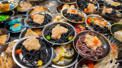 Street food in asian night market known as dimsum