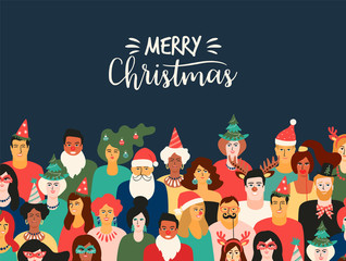 Christmas and Happy New Year illustration with people in carnival costumes. Vector design template.
