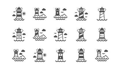 Lighthouse icons. Searchlight tower with seagull for marine navigation of ships. Sea pharos, lighthouse or beacon icons. Classic set. Quality set. Vector