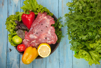nutria meat with vegetables and herbs, blank, meat processing.