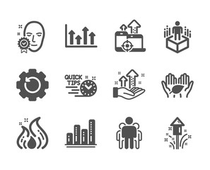 Set of Science icons, such as Fireworks, Group, Seo devices, Graph chart, Fair trade, Analysis graph, Face verified, Recovery gear, Augmented reality, Fire energy, Upper arrows, Quick tips. Vector