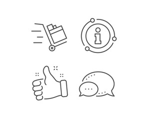 Push cart line icon. Chat bubble, info sign elements. Delivery service sign. Express shipping symbol. Linear push cart outline icon. Information bubble. Vector