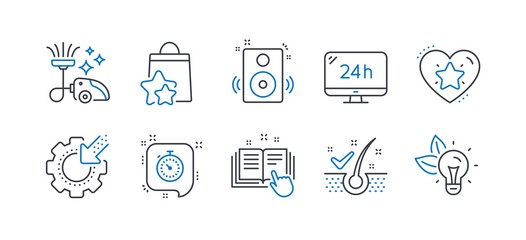 Set of Technology icons, such as Speakers, 24h service, Vacuum cleaner, Loyalty points, Seo gear, Ranking star, Timer, Anti-dandruff flakes, Technical documentation, Eco energy line icons. Vector