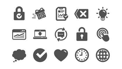 Report, Time and Globe icons. Statistics, Light bulb and Gift surprise box. Classic icon set. Quality set. Vector