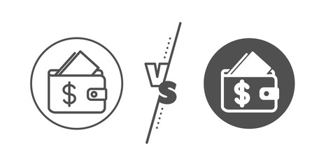 Affordability sign. Versus concept. Wallet line icon. Cash savings symbol. Line vs classic wallet icon. Vector