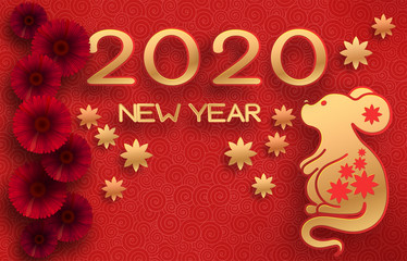 Golden mouse on a textured red background. Template on the theme of the Chinese horoscope. Eastern calendar. Year of the mouse. Free space. Greeting card.