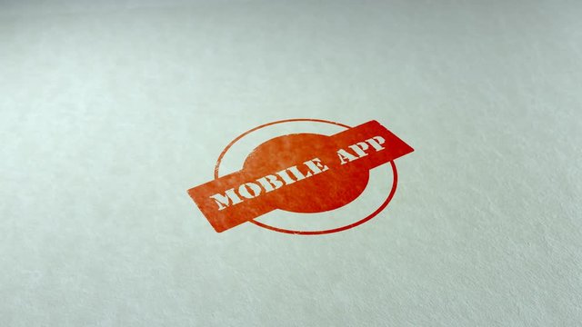 Mobile app word stamping text wooden retro stamp animation. red ink on clean white paper