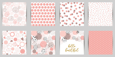 Baby girl pink seamless patterns set Dot print Pink paper background Hand drawn abstract design