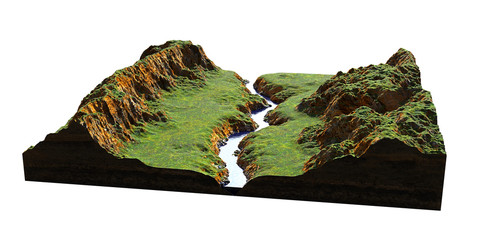 cross section of ground with hills, river and meadows (3d rendering, isolated on white background)
