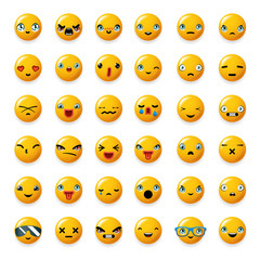 Cheerful emoticon cute smile facial emotion emoji icons set isolated sticker 3d realistic design element vector illustration
