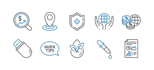 Set of Science icons, such as Chemistry pipette, Quickstart guide, Usb stick, Medical shield, Currency audit, World money, Organic tested, Organic product, Location, Report document. Vector