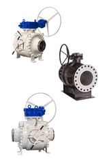 three modern ball valve with manual control using a powerful box isolated on white background