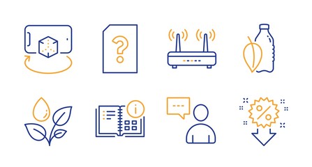 Unknown file, Wifi and Instruction info line icons set. Users chat, Water bottle and Plants watering signs. Augmented reality, Discount symbols. Doc with question mark, Internet router. Vector