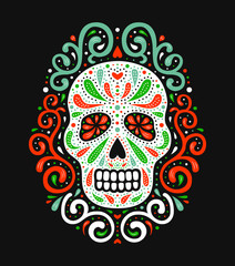 Traditional mexican sugar skull. Ornate decorative human skeleton head on the dark background. Latin american Day of the Dead celebration symbol. National flag colored EPS 10 vector illustration.
