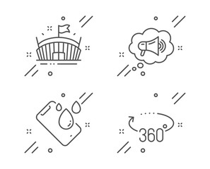Arena, Megaphone and Smartphone waterproof line icons set. 360 degrees sign. Sport stadium, Brand message, Phone. Full rotation. Business set. Line arena outline icon. Vector