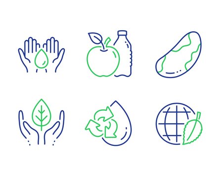 Apple, Recycle water and Fair trade line icons set. Safe water, Brazil nut and Environment day signs. Diet food, Refill aqua, Safe nature. Hold drop. Nature set. Line apple outline icons. Vector