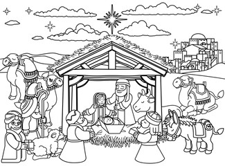 A Christmas nativity scene coloring cartoon, with baby Jesus, Mary and Joseph in the manger with three wise men, shepherd and donkey and other animals. The City of Bethlehem and star above.