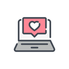 Laptop with like pop up notification color line icon. Computer with heart in chat box vector outline colorful sign.