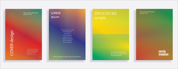 Minimalistic cover design templates. Set of layouts for covers of books, albums, notebooks, reports, magazines. Line halftone gradient effect, flat modern abstract design. Geometric mock-up texture