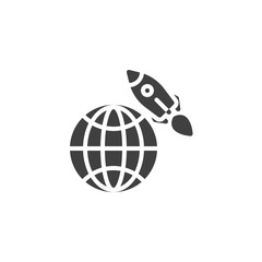 Globe and rocket vector icon. filled flat sign for mobile concept and web design. Startup rocket with earth planet glyph icon. Symbol, logo illustration. Vector graphics