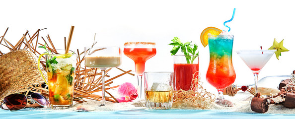 Panorama banner with large assortment of cocktails