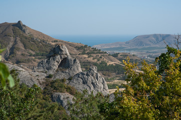 Fototapeta na wymiar Mountains in Crimea. September. This place is located near the town of Sudak. Autumn in Crimea. the city of Feodosiya. Russia. Ukraine.