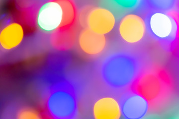 Blurred and defocused abstract multicolor background with christmas lights, soft multicolored bokeh circles