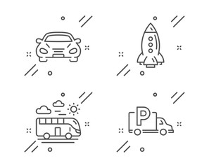 Rocket, Bus travel and Car line icons set. Truck parking sign. Spaceship, Transport, Free park. Transportation set. Line rocket outline icon. Vector