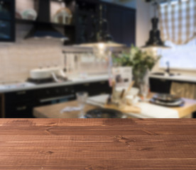 abstract blur inside interior contemporary kitchen loft decoration style with wood plank perspective background for show promote content ,product on disply