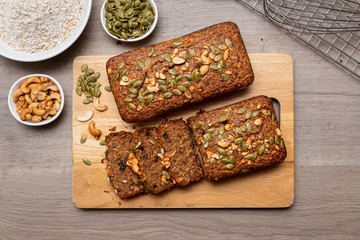 Healthy gluten free banana bread with seeds and nuts