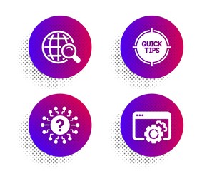 Internet search, Tips and Question mark icons simple set. Halftone dots button. Seo gear sign. Web finder, Quick tricks, Quiz chat. Settings. Science set. Classic flat internet search icon. Vector