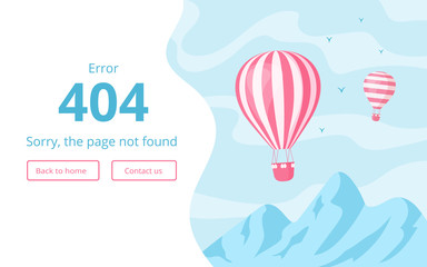 Website interface template for 404 error message vector illustration. Hot air balloon on blue landscape with mountains and error warning sign, 404 page not found, for mobile app or website page