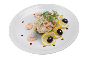 Shrimps with lemon and olive oil - fresh seafood dish on white isolated background
