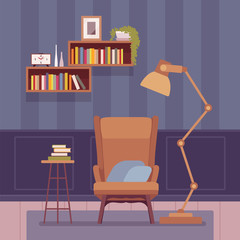 Living room interior with a tall floor lamp. Cozy corner for reading, a cute nook to bring a welcoming sense of sweet home, dark calm wallpaper ideas pattern. Vector flat style cartoon illustration