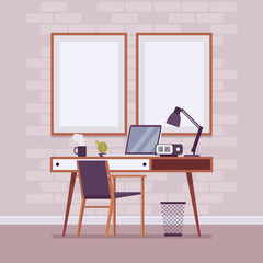 Studio room workplace area. Productive employees desk with a laptop, design of work space for creating individual spaces to inspire learning and good working. Vector flat style cartoon illustration
