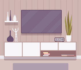 TV cabinet interior. Television set wall mount ideas for cozy living room, entertainment center for friends and family evenings. Vector flat style cartoon illustration