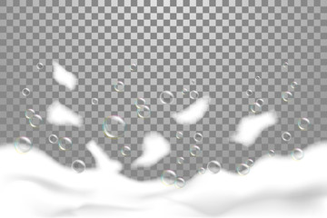 Bath lather realistic illustrarion on transparent background. Soap foam with shampoo bubbles, banner suds texture.