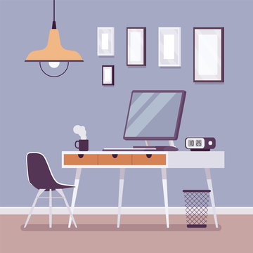 Workplace interior for comfortable job. Equipment to create spaces employees love to work in, great office, home and business environment for freelancer. Vector flat style cartoon illustration